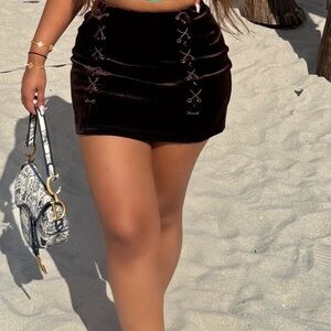 Chocolate brown Lace-Up velvet Mini Skirt